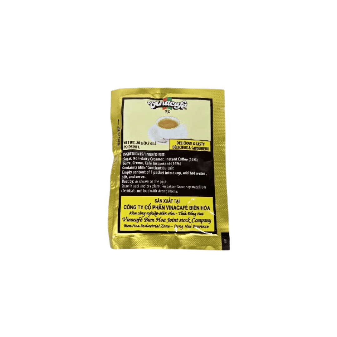 Back of Vinacafé Instant Coffee Mix packet showing ingredients, preparation instructions, and manufacturer details.